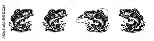 Jumping fish silhouette set with splash and lure in black and white illustration