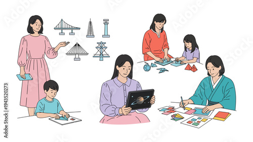 Crafting architectural inspiration: A group of women and children engage in a creative workshop. Surrounded by drawings of various structures, a teacher guides a student with a pencil.