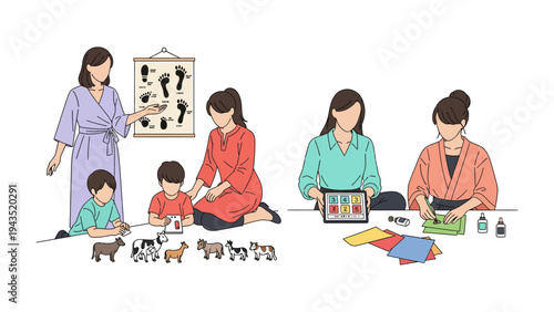 Nurturing Minds in the Classroom: An inclusive classroom setting, with an educator engaging children with interactive learning tools. A warm atmosphere promotes curiosity.