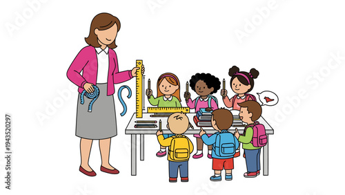 Education Harmony: A dedicated educator guides a group of young learners in an interactive classroom setting. The scene radiates a sense of discovery and collaboration.