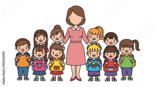 Harmony in the Classroom: An inclusive image of a teacher and students standing together, embodying the spirit of learning, growth, and community. 