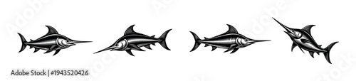 Swordfish illustration set silhouette black and white vector marine theme