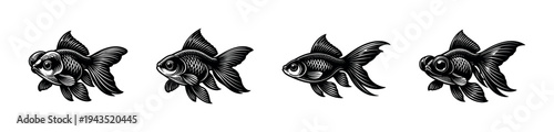 Black and white vector illustration of goldfish silhouettes in a row