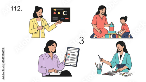 Multifaceted Woman: A collection of images showcase a woman engaged in diverse activities, from professional presentations to nurturing interactions and creative pursuits.