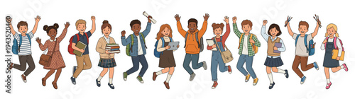 Group of Happy Diverse School Children Jumping for Joy Representing Success Education and Back to School Concept Flat Vector Illustration Isolated on White Background for Graphic Design