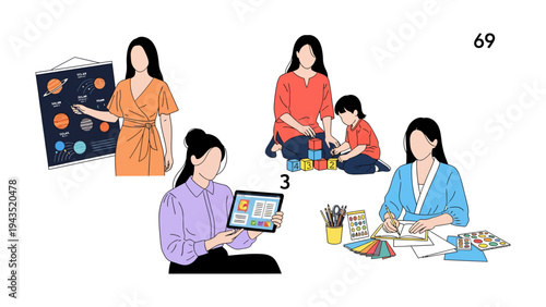 Learning and Exploration: A compilation of visual showing women in different scenario, focusing on education, learning and creativity.