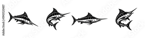Black and white marlin fish silhouette set illustration vector clipart