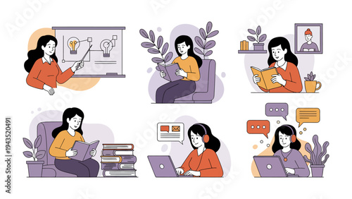 Learning and Sharing: a collage of diverse study and teaching scenes depicting knowledge transfer and individual growth. 