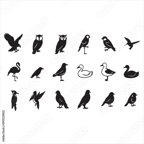 WebCollection of black bird silhouettes featuring eagle, owl, crow, robin, hummingbird, flamingo, duck, swan, and other small birds.