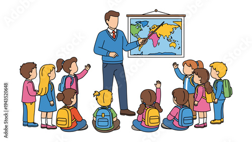 Educational Exploration: A teacher passionately engages a group of children in a captivating lesson about geography, using a world map as a focal point for learning.