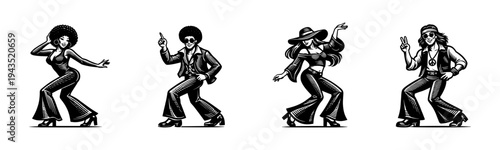 Retro 1970s dancing figures illustration in black and white silhouette set