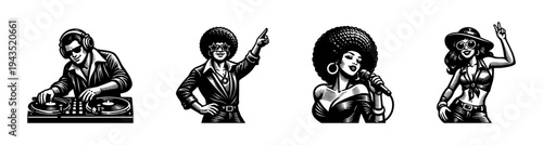 Retro music themed vector illustrations of dj and singers in black and white silhouette