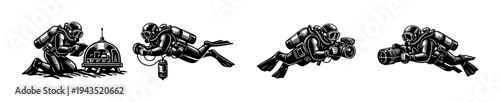 Vintage style scuba divers black and white vector illustrations in action poses