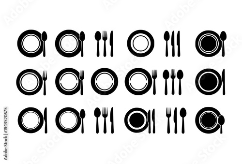 Plates and cutlery black flat icon set with forks knives spoons dining tableware vector collection