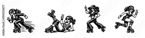 Retro roller skaters illustration set in black and white vector silhouette style