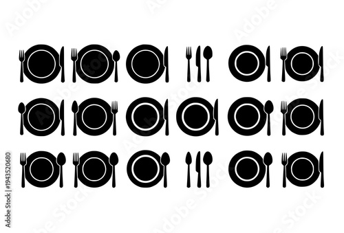 Plates and cutlery black flat icon set with forks knives spoons dining tableware vector collection