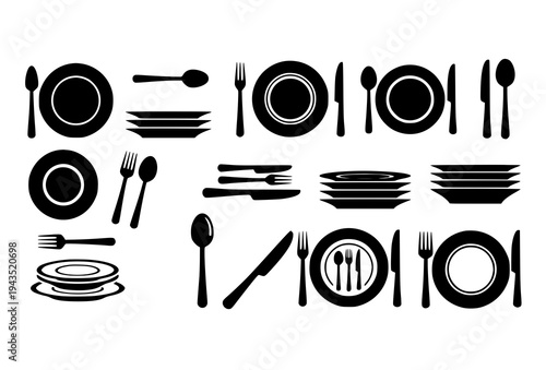Black flat plates and cutlery vector icon collection with forks knives spoons tableware symbols