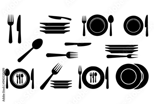 Black flat plates and cutlery vector icon collection with forks knives spoons tableware symbols