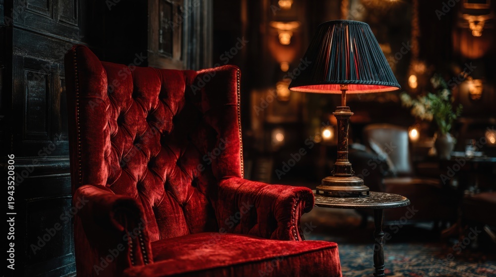 Fototapeta premium A rich red velvet armchair with deep button tufting sits in an opulent vintage interior