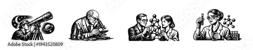 Vintage science illustration set of researchers with microscope telescope and molecules