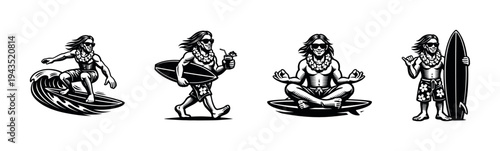 Surfing and beach lifestyle figure set, black and white vector illustration