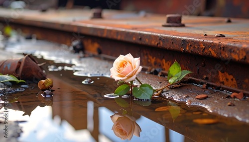 A single, delicate peach-colored rose floats in a puddle alongside rusty metal structures. The image captures a contrasting scene
