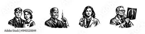 Black and white medical professional illustrations in retro style silhouettes