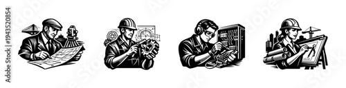 Black and white engineering professionals vector set with various occupations