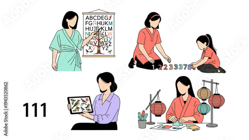 Learning and Growth: A collection of educational illustrations featuring various scenes of women engaged in learning activities and teaching. Capturing the essence of education, creativity.