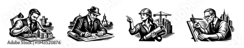 Architectural illustration set with engineers and architects in black and white silhouette