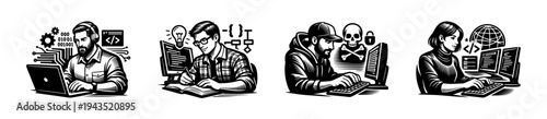 Black and white vector illustration of programmers and hackers at workstations