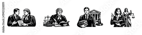 Black and white vector illustrations of legal professionals and symbols
