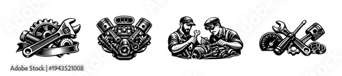 Black and white vector illustrations of automotive tools and engine repair elements