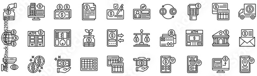 ATM icons collection. Vector illustration. Money Bag, Online Payment, Cash and Coins, Invoice, Check Payment. Pro Vector