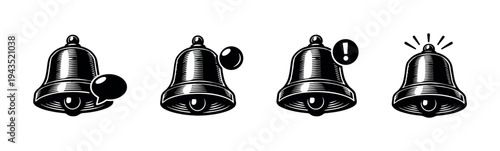 Set of four bell icons in black and white silhouette style with notification elements