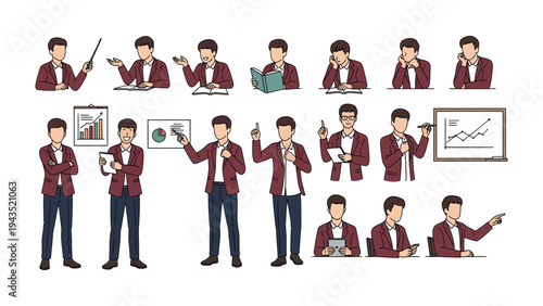 Business Presentation and Communication: A collection of various poses demonstrating communication gestures and presentation in business environments.