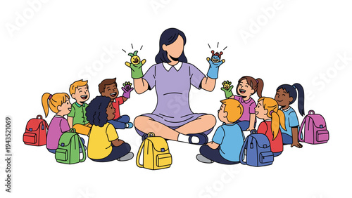 Enchanting Puppets: A teacher captivates a circle of children, puppetry puppets, creating a magical and educational moment of joy.