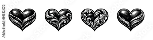Intricate black and white heart clipart set featuring ornate floral decorations