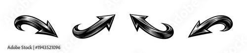 Black and white vector arrow set with curved designs silhouette illustration