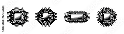 Black and white vector illustrations of microchip designs in silhouette style