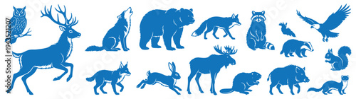 Comprehensive collection of blue woodland wildlife silhouettes featuring deer bear wolf fox and forest animals for nature and outdoor adventure illustration set isolated on white