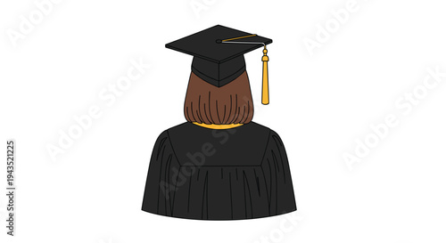 The back view of a female graduate with brown hair, wearing a black academic cap with a gold tassel and a black gown, is centered against a white background.