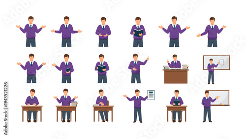 Teacher Poses Collection: A comprehensive set of illustrations depicting a teacher in various poses. perfect for illustrating educational concepts and scenarios, from the classroom to the individual.