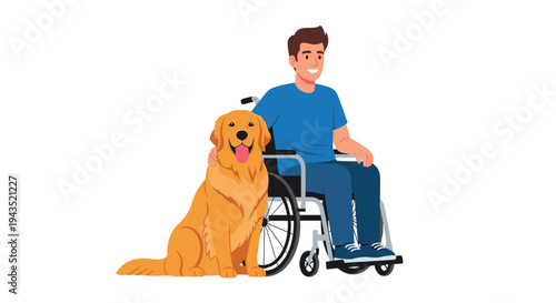 A smiling adult man in a black wheelchair, wearing a blue t-shirt and jeans, sits with his arm around a happy golden retriever dog against a plain white background.