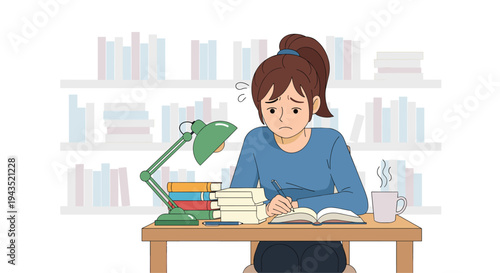 A young woman with a ponytail sits at a wooden desk, looking stressed while writing in an open book, with a green lamp and books nearby.