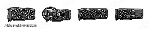Black and white vector illustration of graphics cards in silhouette style