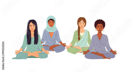 Four diverse women in traditional attire sit in a lotus position with closed eyes, meditating against a plain white background.
