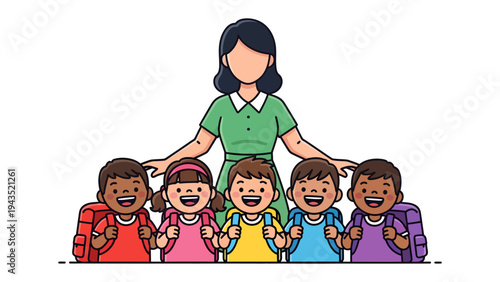 Harmony of Childhood: A teacher embraces a group of young students, the air filled with joy and the promise of new experiences, as they prepare for a day of learning.