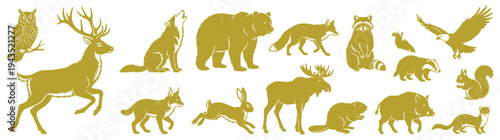 Comprehensive collection of gold woodland wildlife silhouettes featuring deer bear wolf fox and forest animals for nature and outdoor adventure illustration set isolated on white