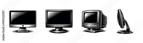Retro computer monitors in black and white woodcut style silhouette vector illustration